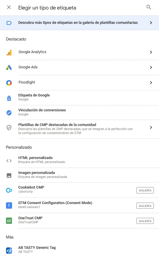 Lista de tipos de etiqueta disponibles en Google Tag Manager