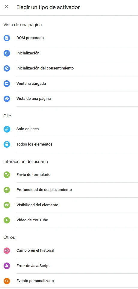 Selector de tipos de activador en Google Tag Manager